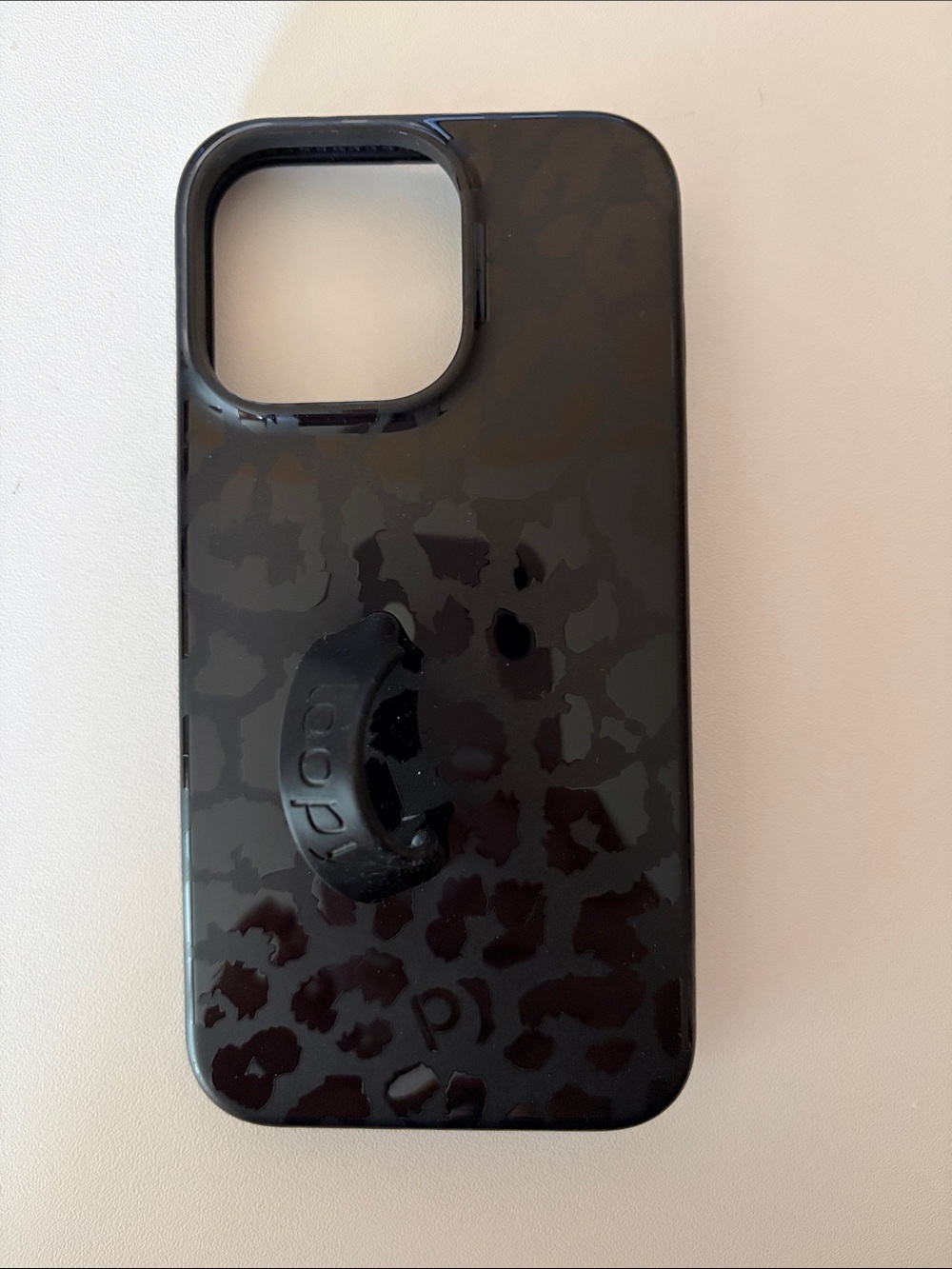 Loopy Glossy Black Leopard Print Phone Case with Built-In Grip Ring